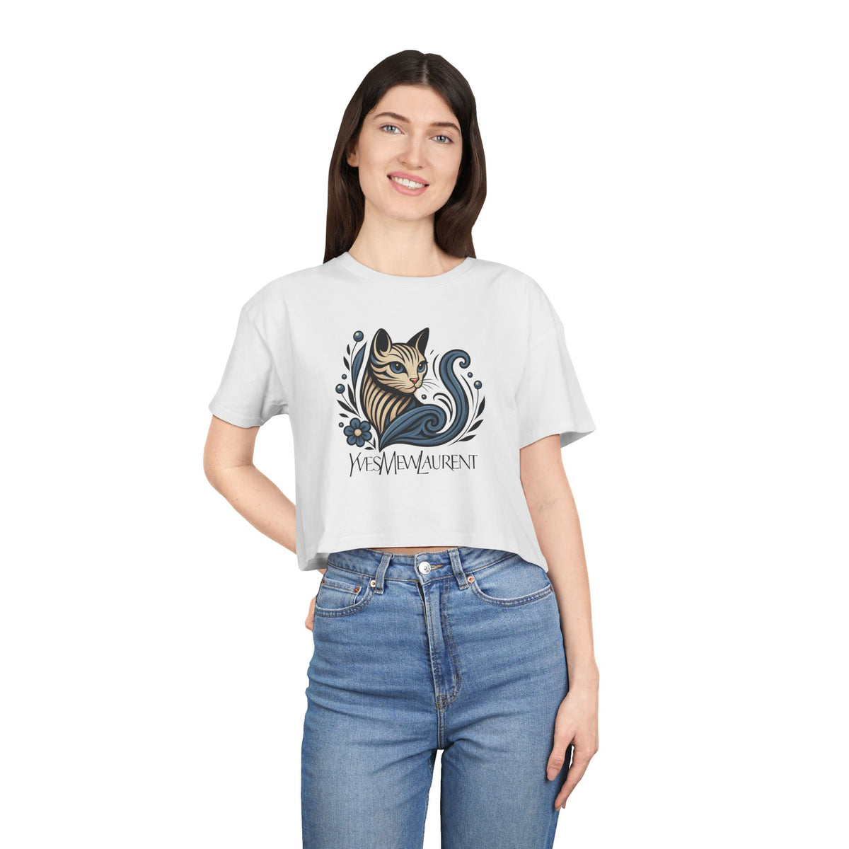 Yves Mew Laurent Floral Cat Art Women's Cropped T-Shirt in white, worn by a female model