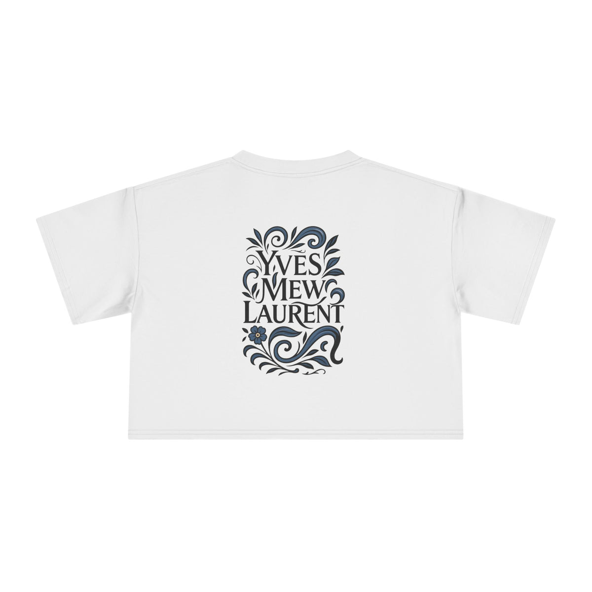 Yves Mew Laurent Floral Cat Art Women's Cropped T-Shirt in white, front view