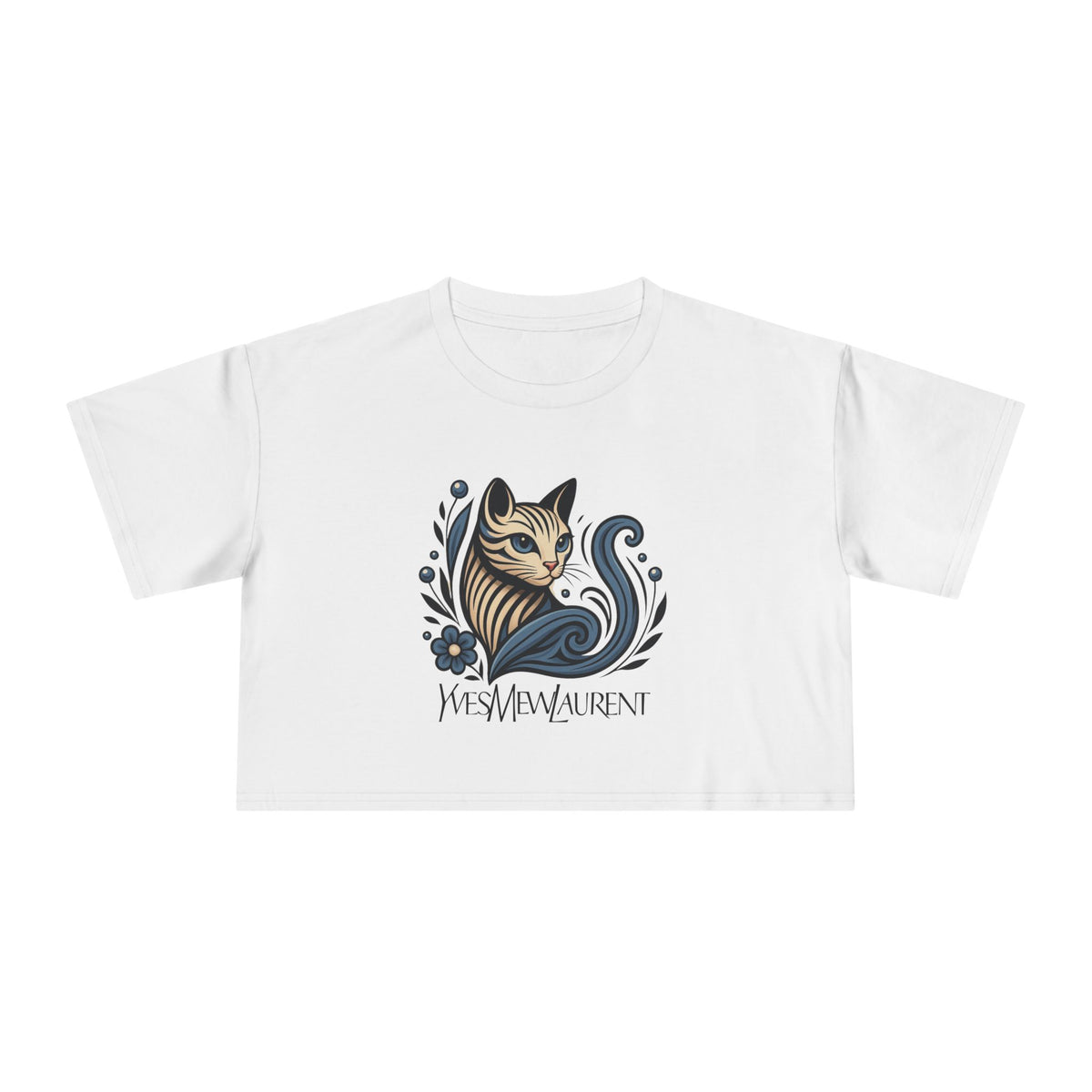 Yves Mew Laurent Floral Cat Art Women's Cropped T-Shirt in white, front view