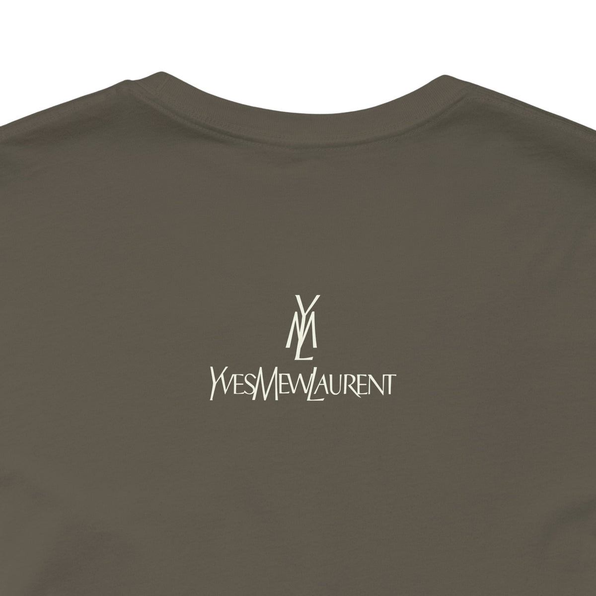Yves Mew Laurent Le Chat Icon Cat Graphic T-Shirt in army, close-up of the back print