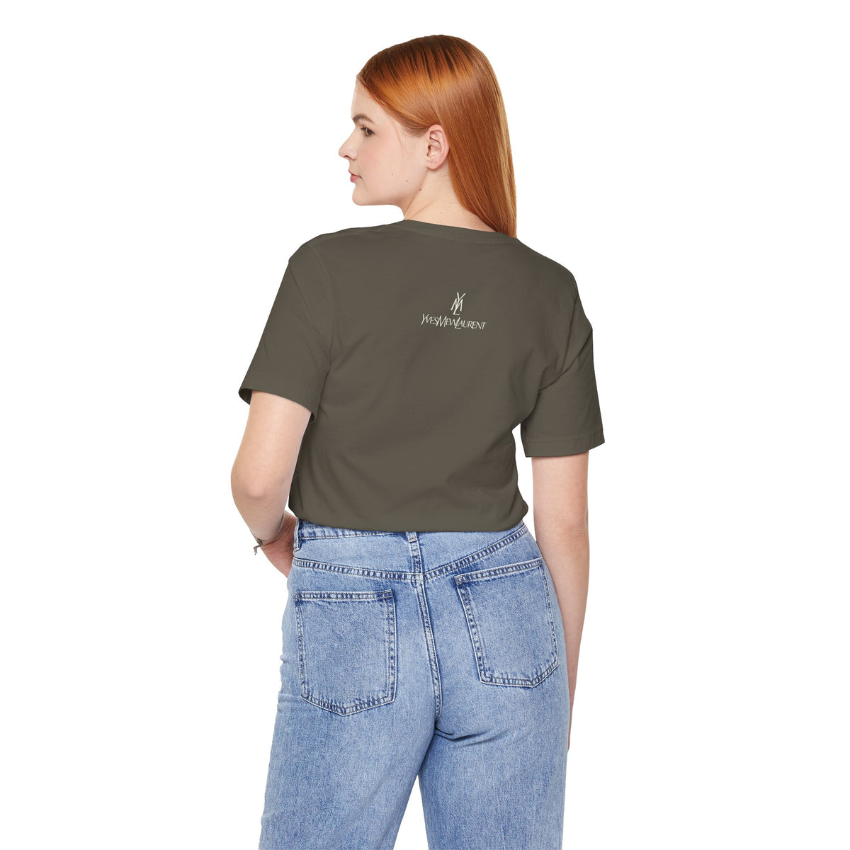 Yves Mew Laurent Le Chat Icon Cat Graphic T-Shirt in army, back view on a female model