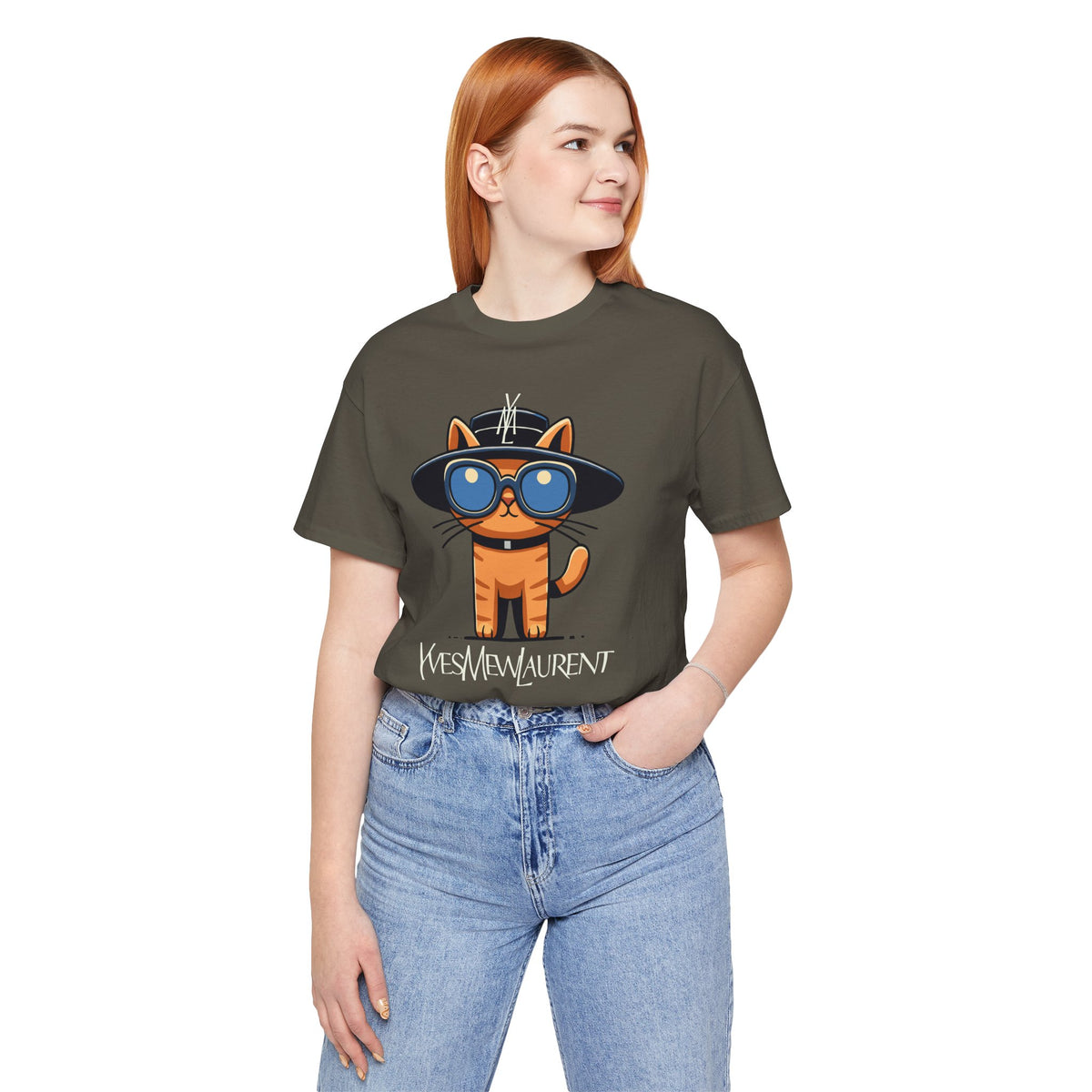 Yves Mew Laurent Le Chat Icon Cat Graphic T-Shirt in army, worn by a female model