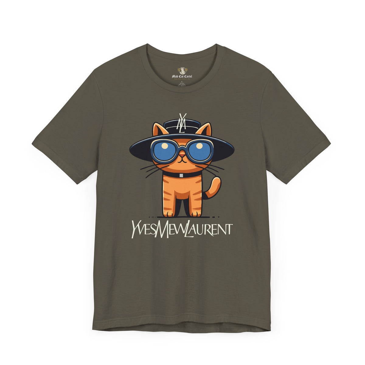 Yves Mew Laurent Le Chat Icon Cat Graphic T-Shirt in army, flat lay