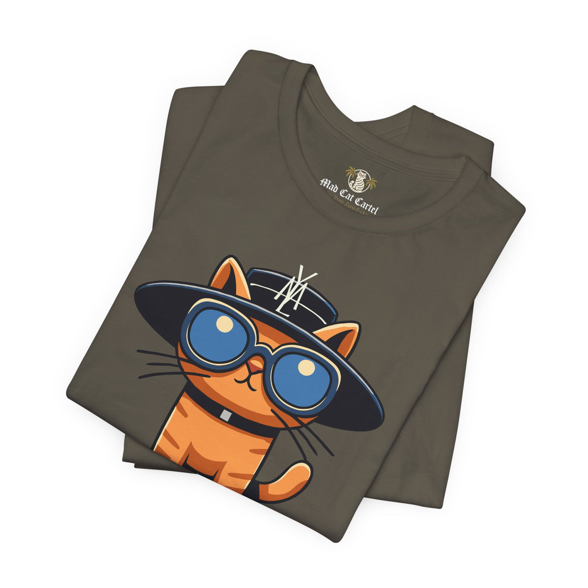 Yves Mew Laurent Le Chat Icon Cat Graphic T-Shirt in army, folded