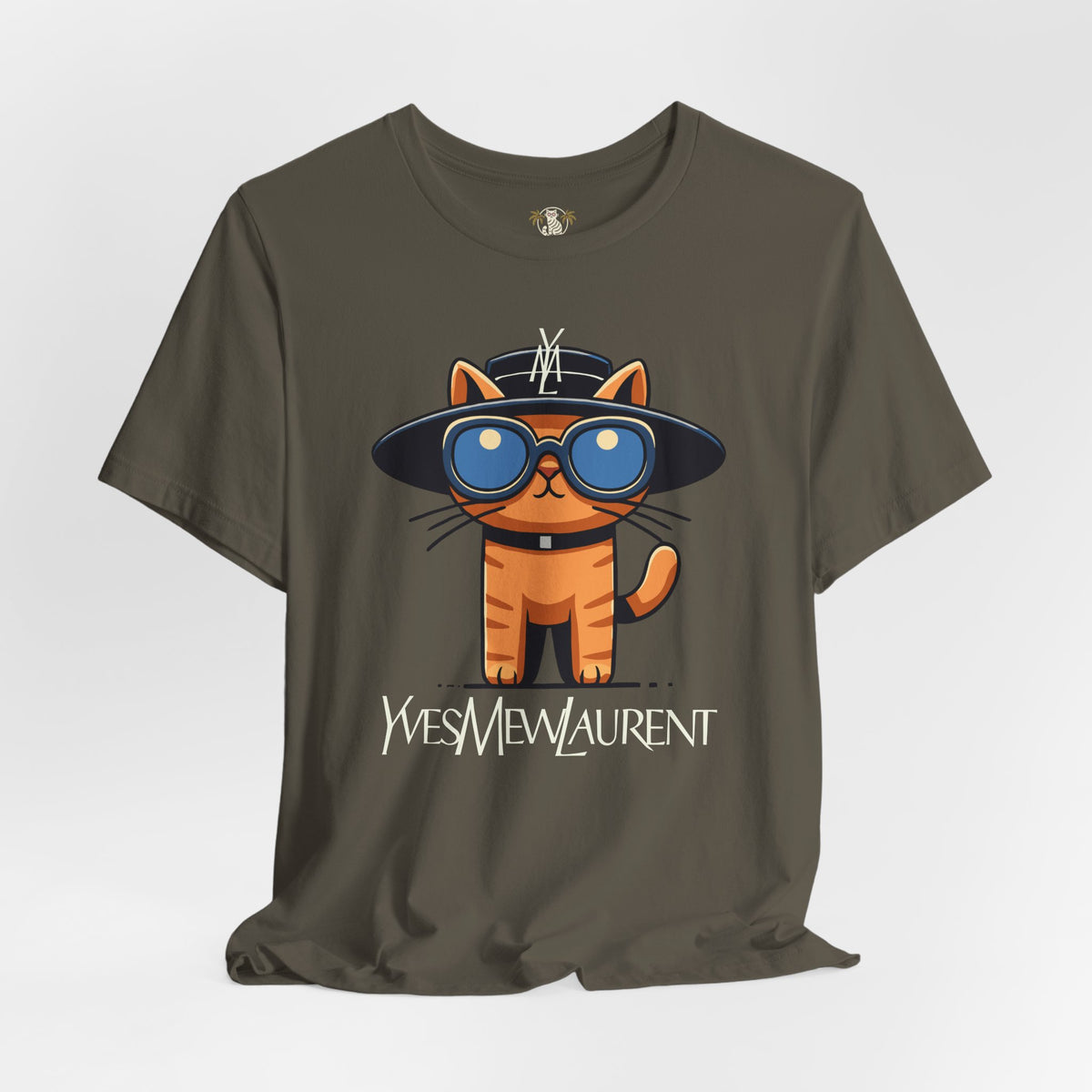 Yves Mew Laurent Le Chat Icon Cat Graphic T-Shirt in army, front view