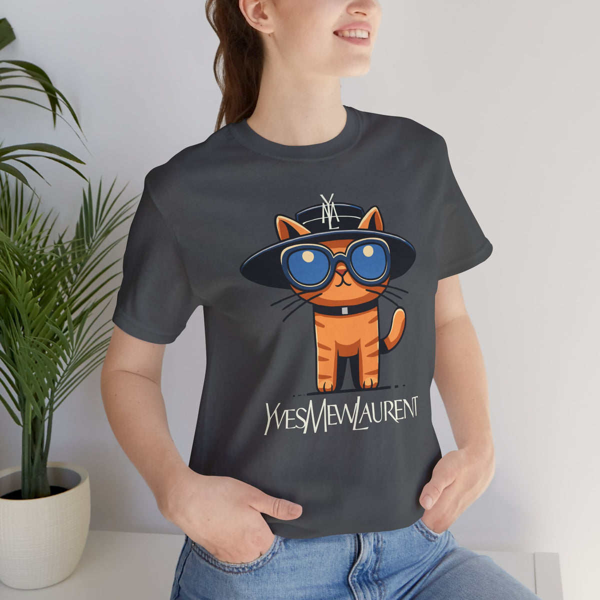 Yves Mew Laurent Le Chat Icon Cat Graphic T-Shirt in asphalt, worn by a female model
