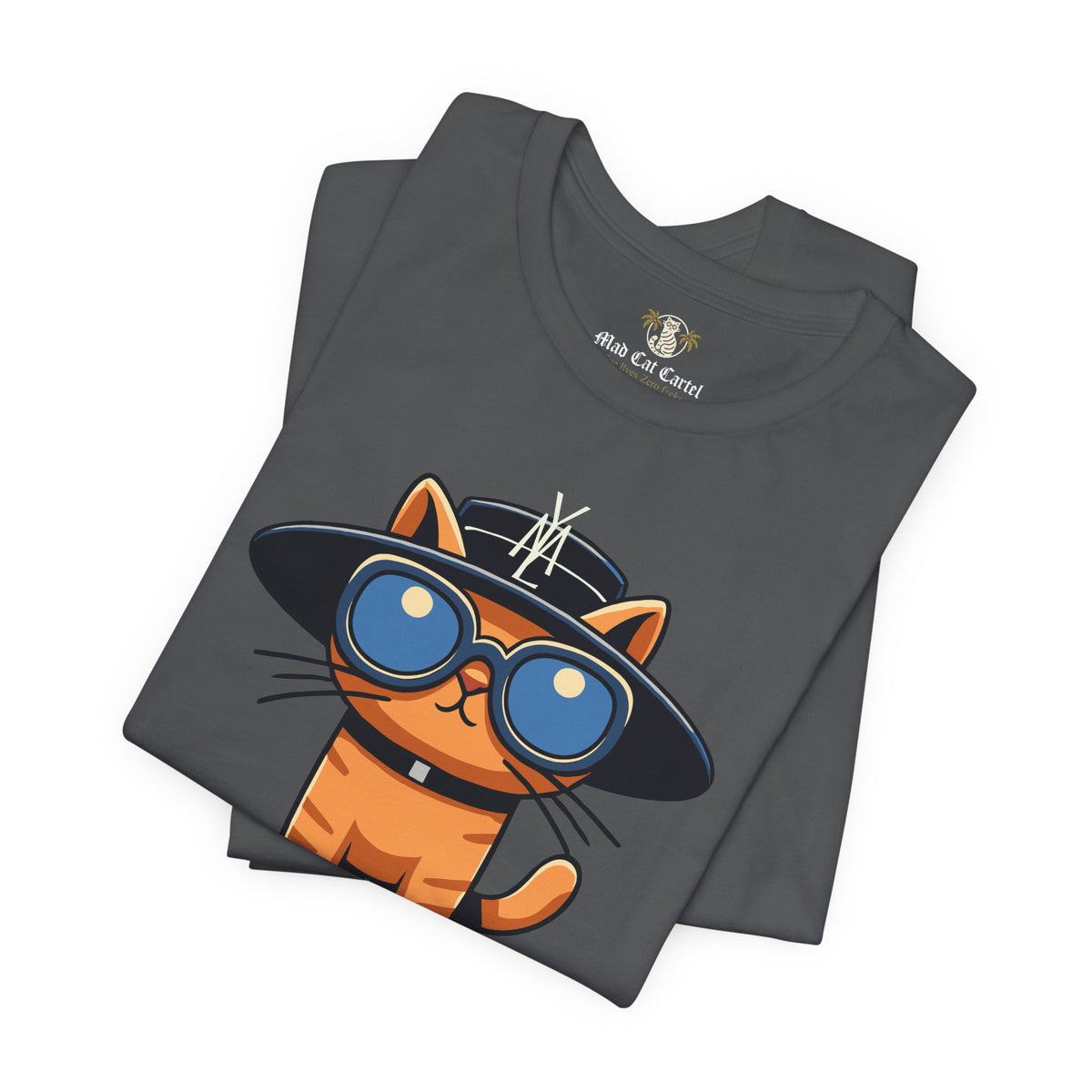 Yves Mew Laurent Le Chat Icon Cat Graphic T-Shirt in asphalt, folded