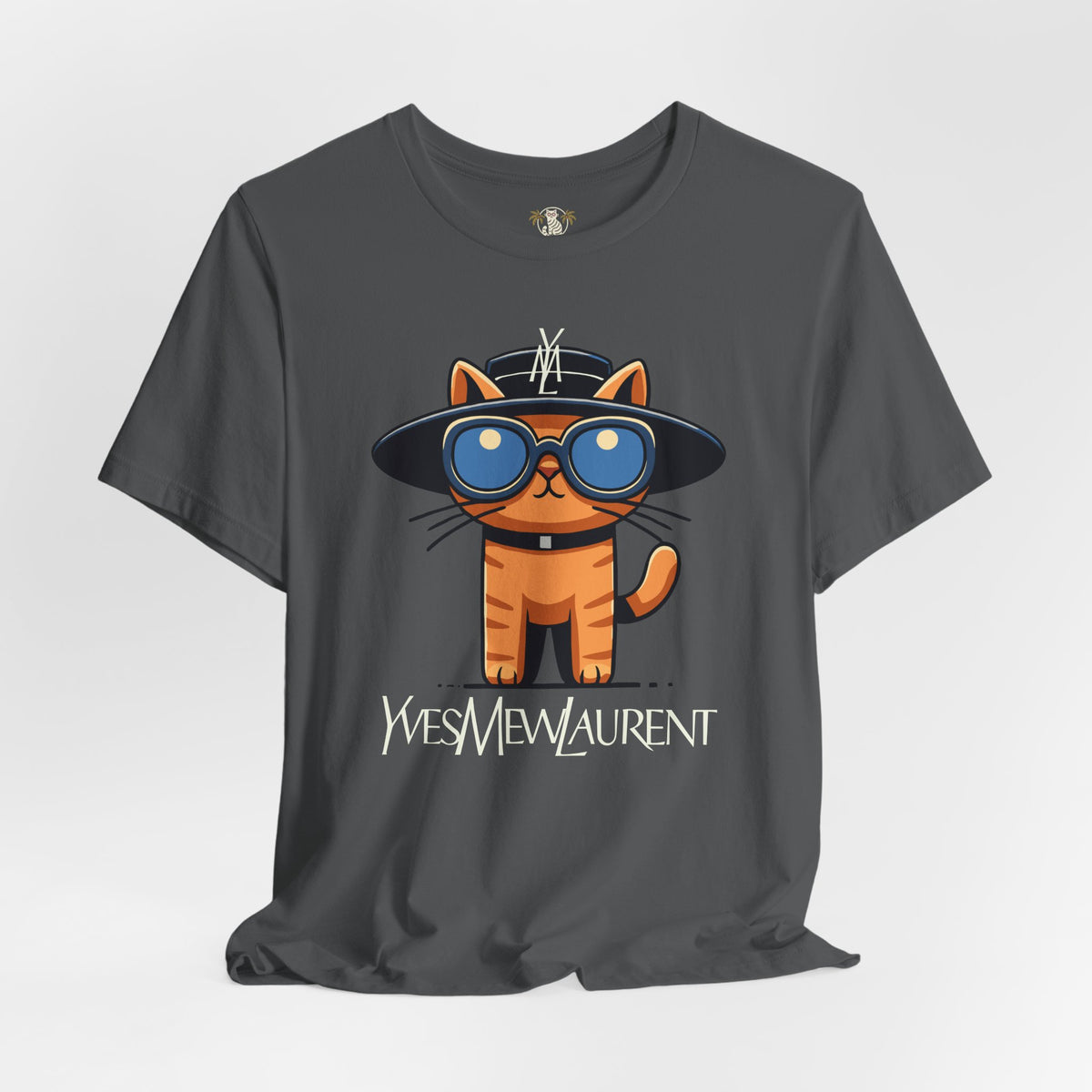 Yves Mew Laurent Le Chat Icon Cat Graphic T-Shirt in asphalt, front view