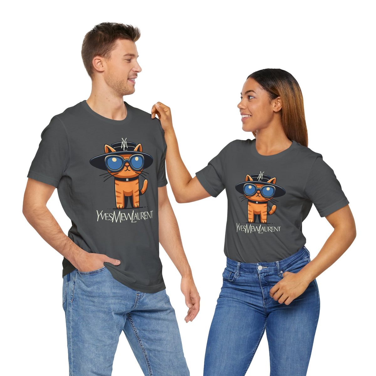 Yves Mew Laurent Le Chat Icon Cat Graphic T-Shirt in asphalt, worn by two models
