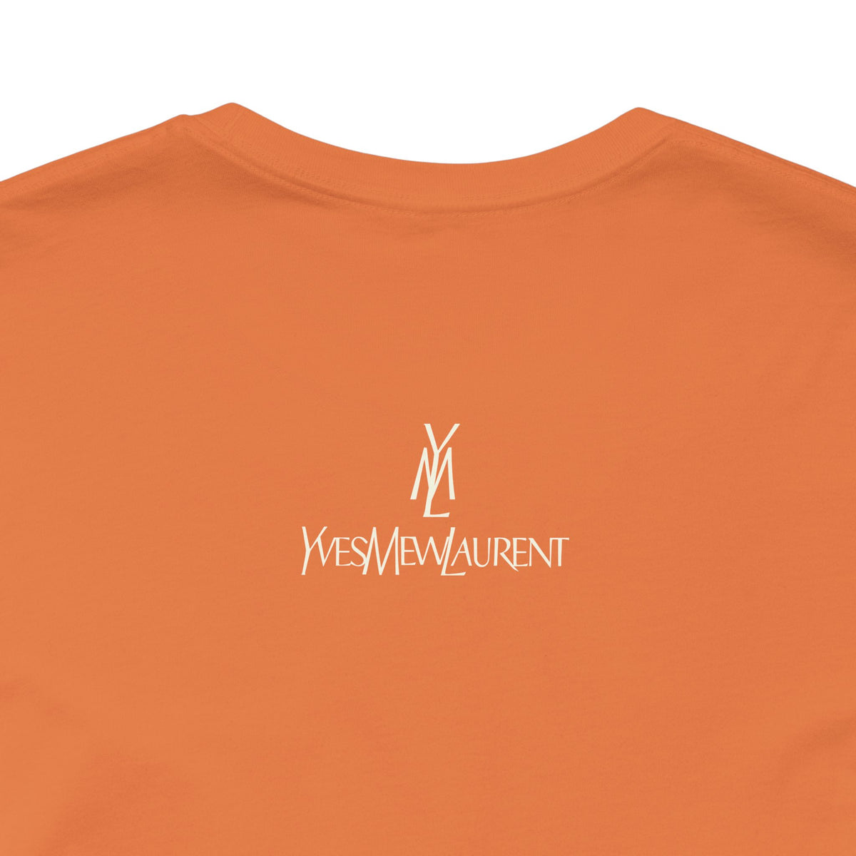 Yves Mew Laurent Le Chat Icon Cat Graphic T-Shirt in burnt orange, close-up of the back print
