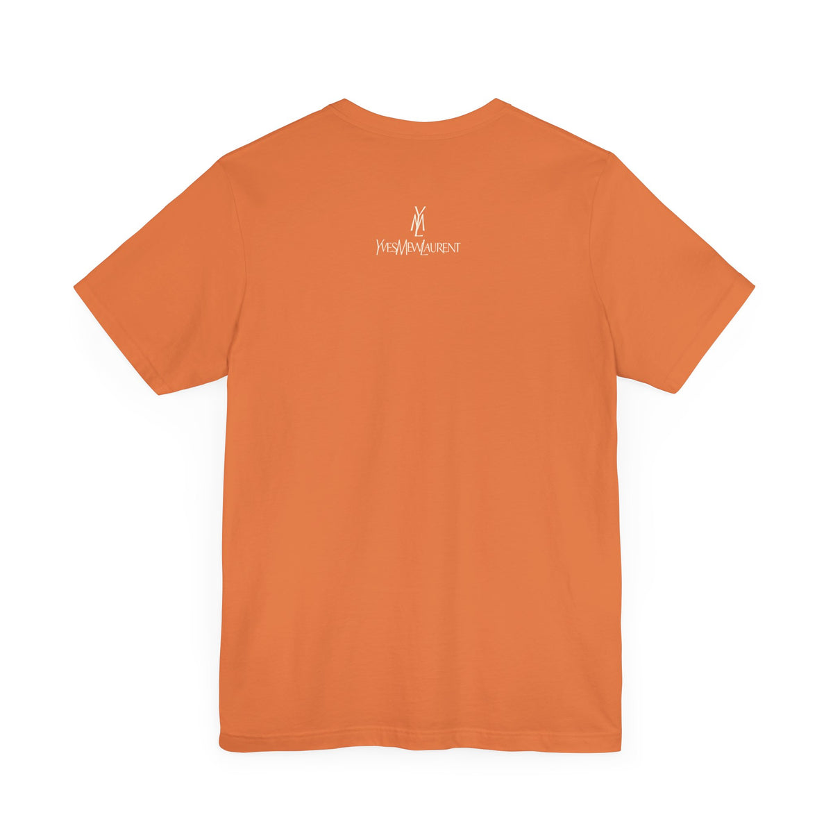 Yves Mew Laurent Le Chat Icon Cat Graphic T-Shirt in burnt orange, flat lay, back