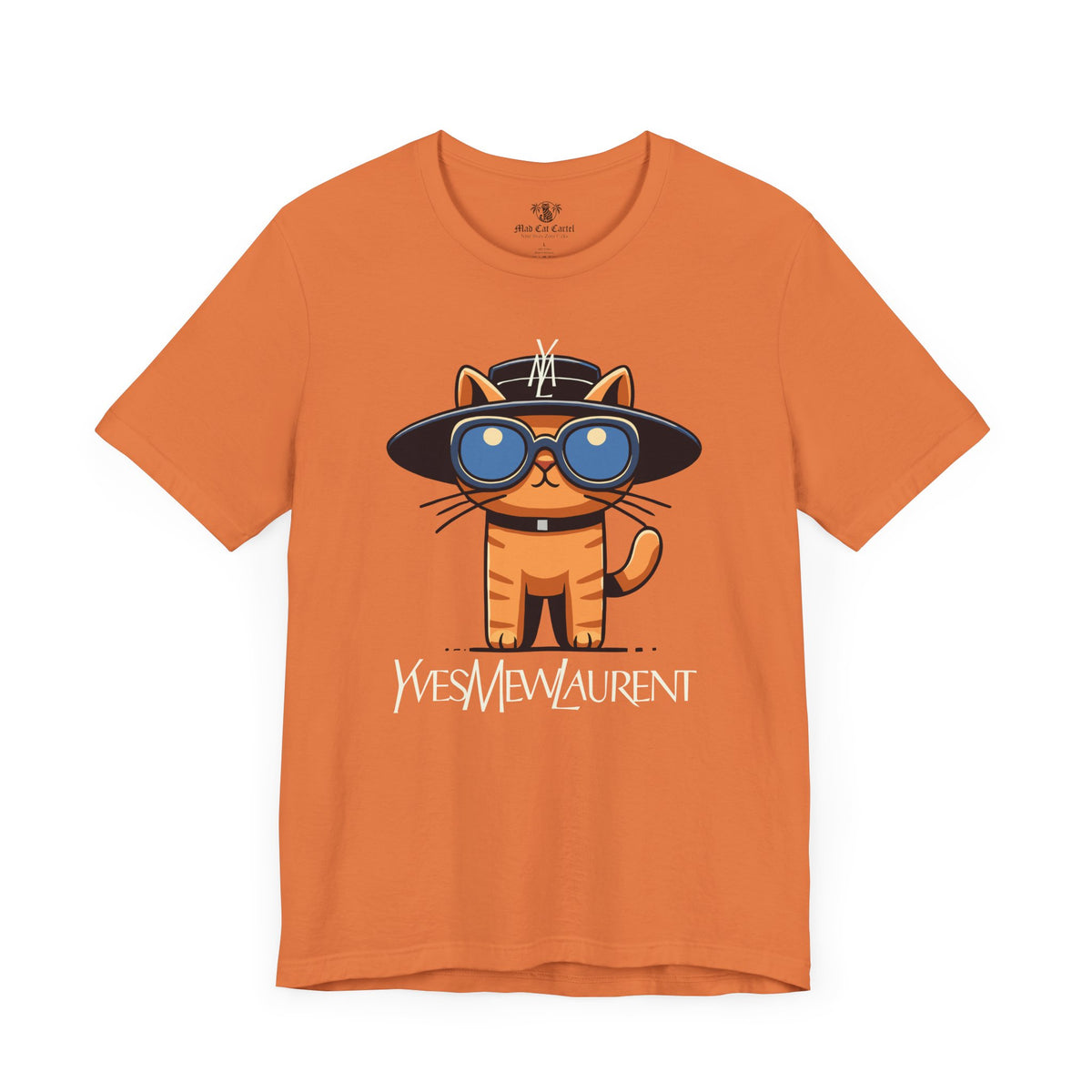 Yves Mew Laurent Le Chat Icon Cat Graphic T-Shirt in burnt orange, flat lay