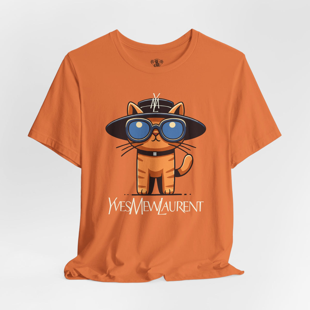 Yves Mew Laurent Le Chat Icon Cat Graphic T-Shirt in burnt orange, front view