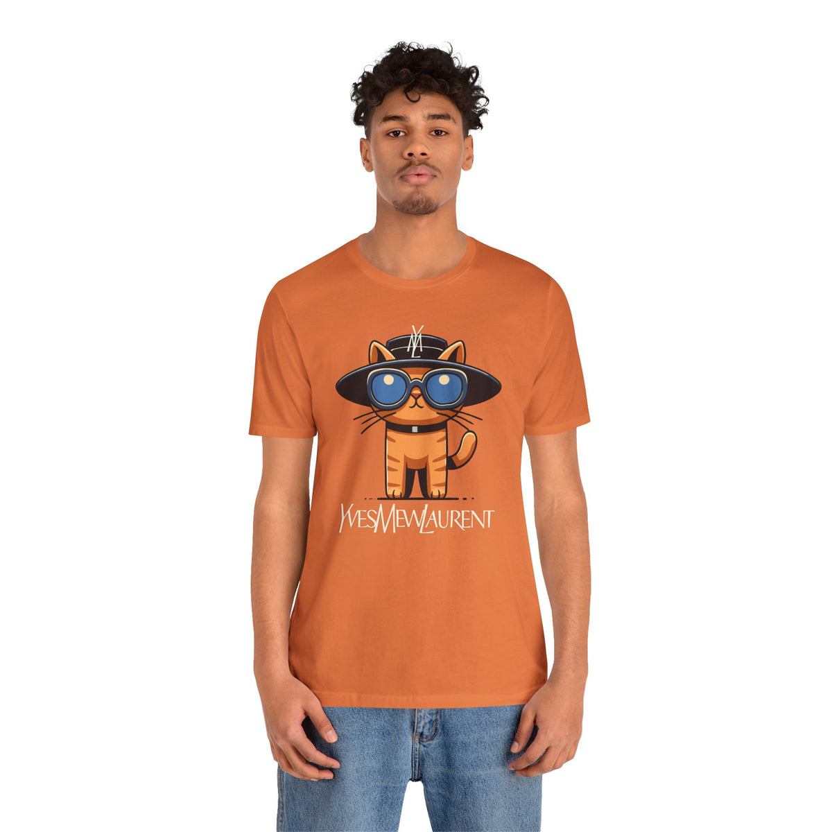 Yves Mew Laurent Le Chat Icon Cat Graphic T-Shirt in burnt orange, worn by a male model