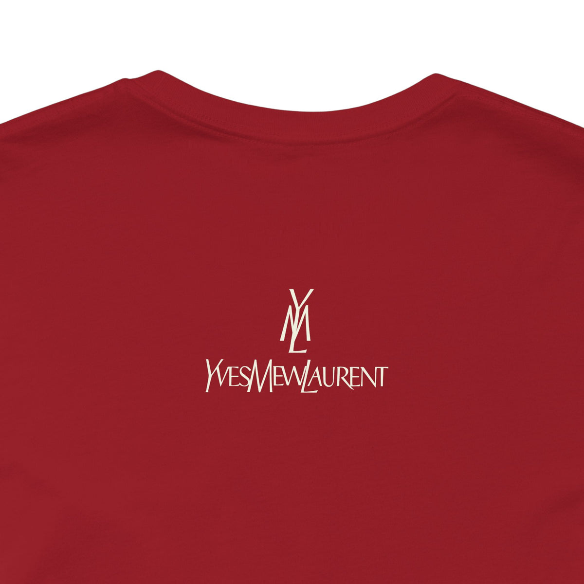 Yves Mew Laurent Le Chat Icon Cat Graphic T-Shirt in canvas red, close-up of the back print