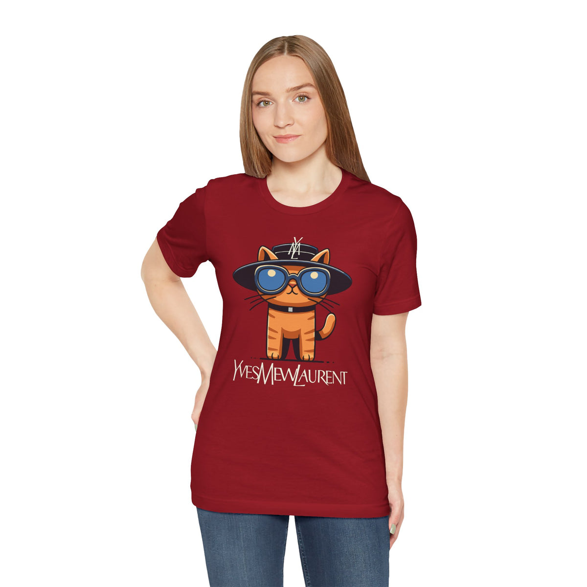 Yves Mew Laurent Le Chat Icon Cat Graphic T-Shirt in canvas red, worn by a female model