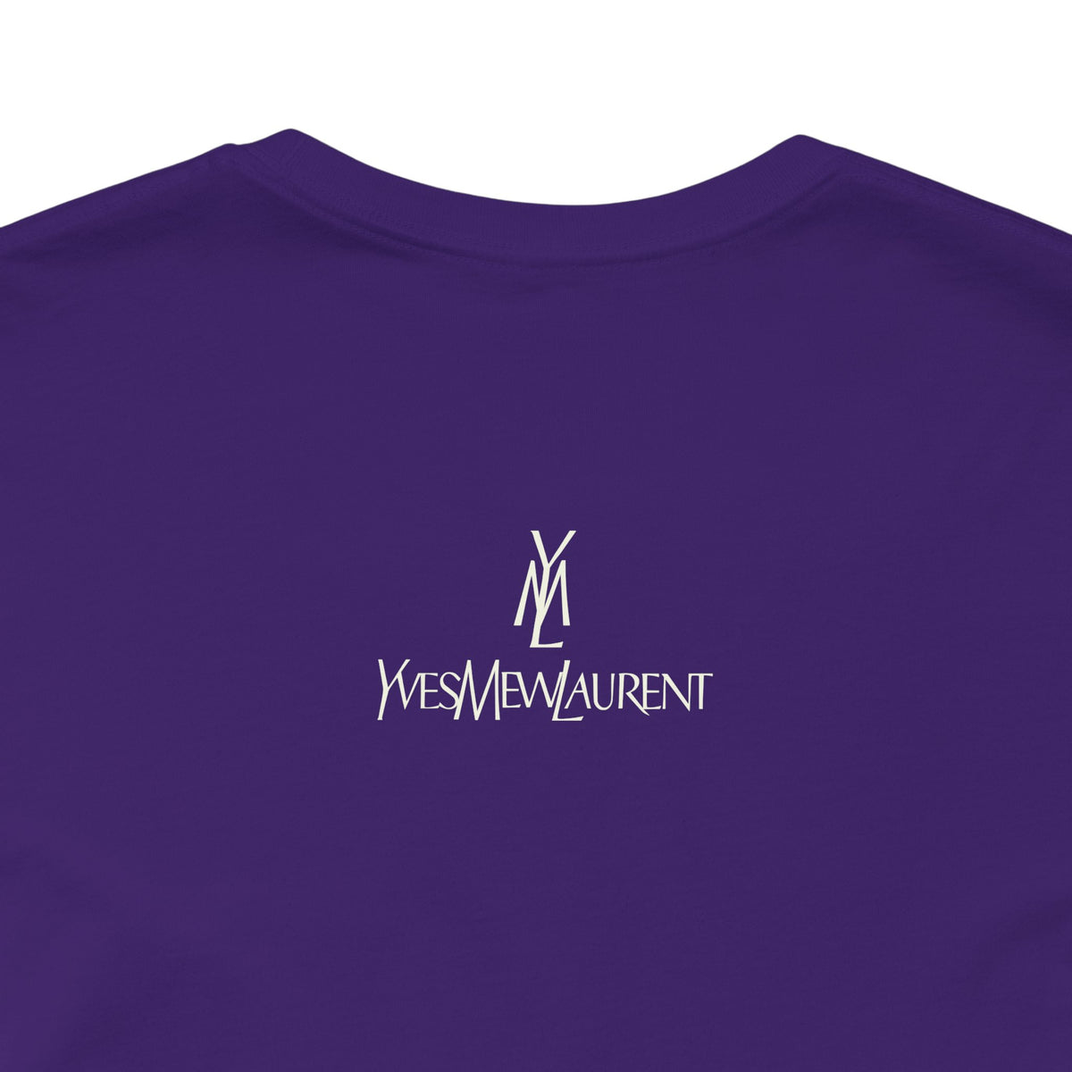 Yves Mew Laurent Le Chat Icon Cat Graphic T-Shirt in team purple, close-up of the back print
