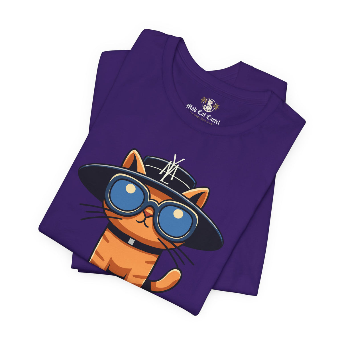 Yves Mew Laurent Le Chat Icon Cat Graphic T-Shirt in team purple, folded