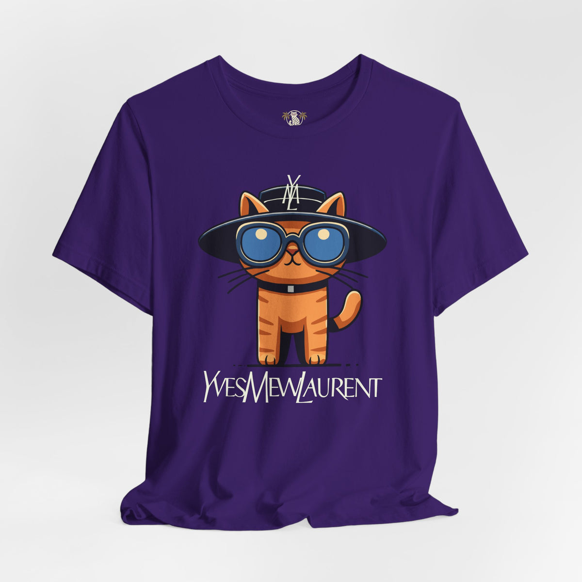 Yves Mew Laurent Le Chat Icon Cat Graphic T-Shirt in team purple, front view