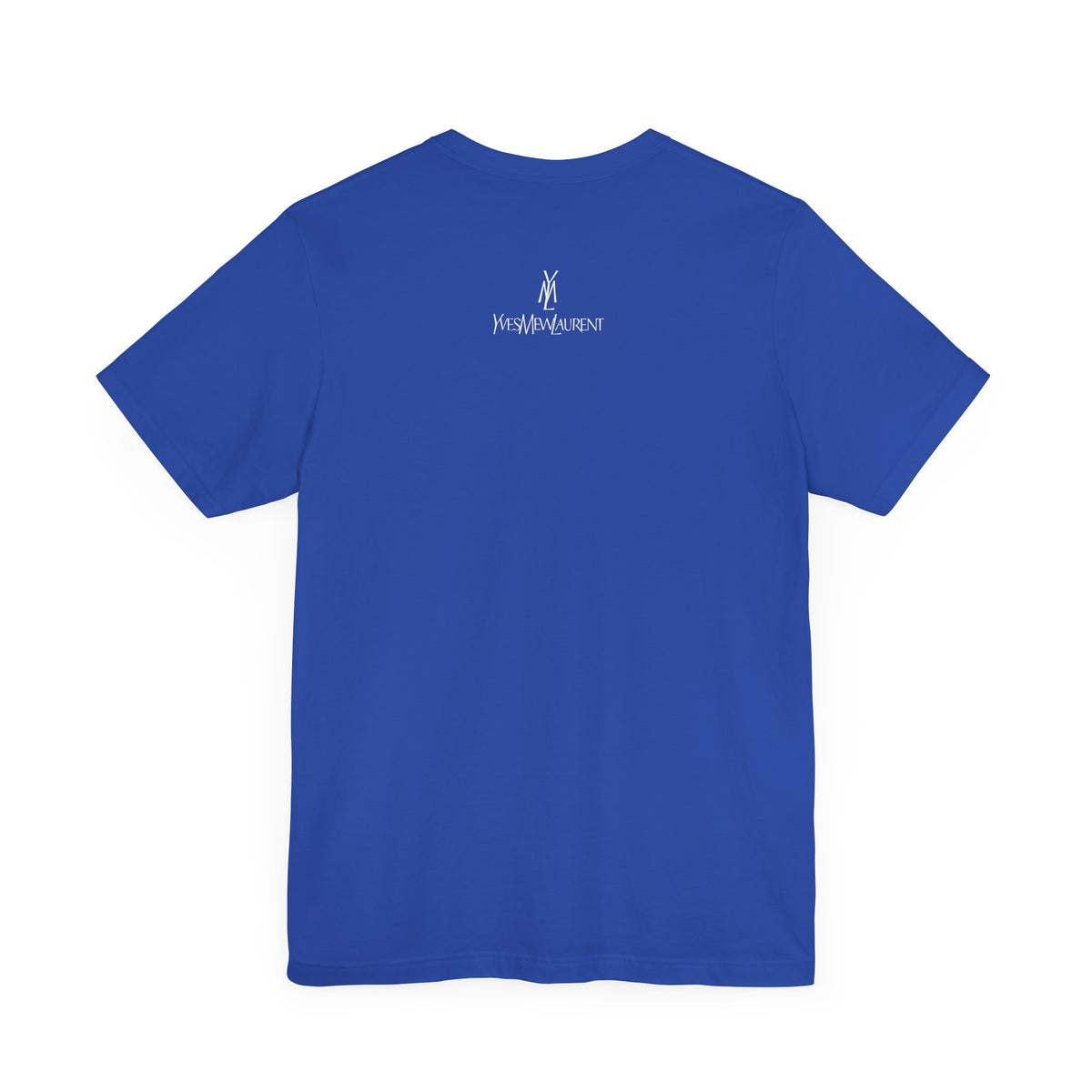 Yves Mew Laurent Le Chat Icon Cat Graphic T-Shirt in true royal, back view