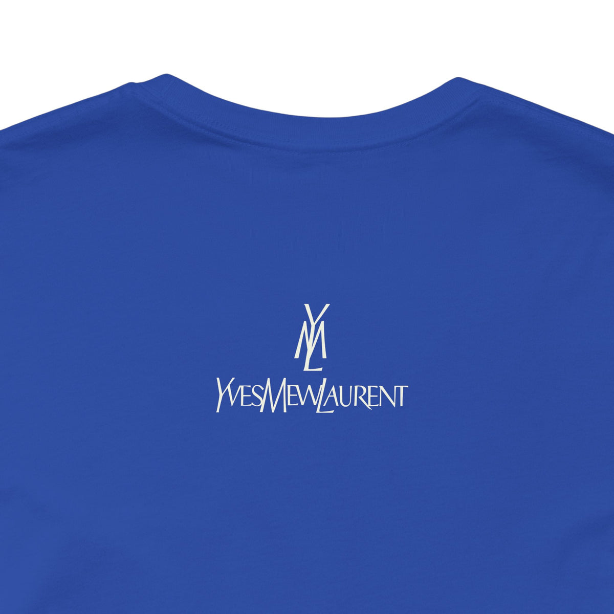 Yves Mew Laurent Le Chat Icon Cat Graphic T-Shirt in true royal, close-up of the back print