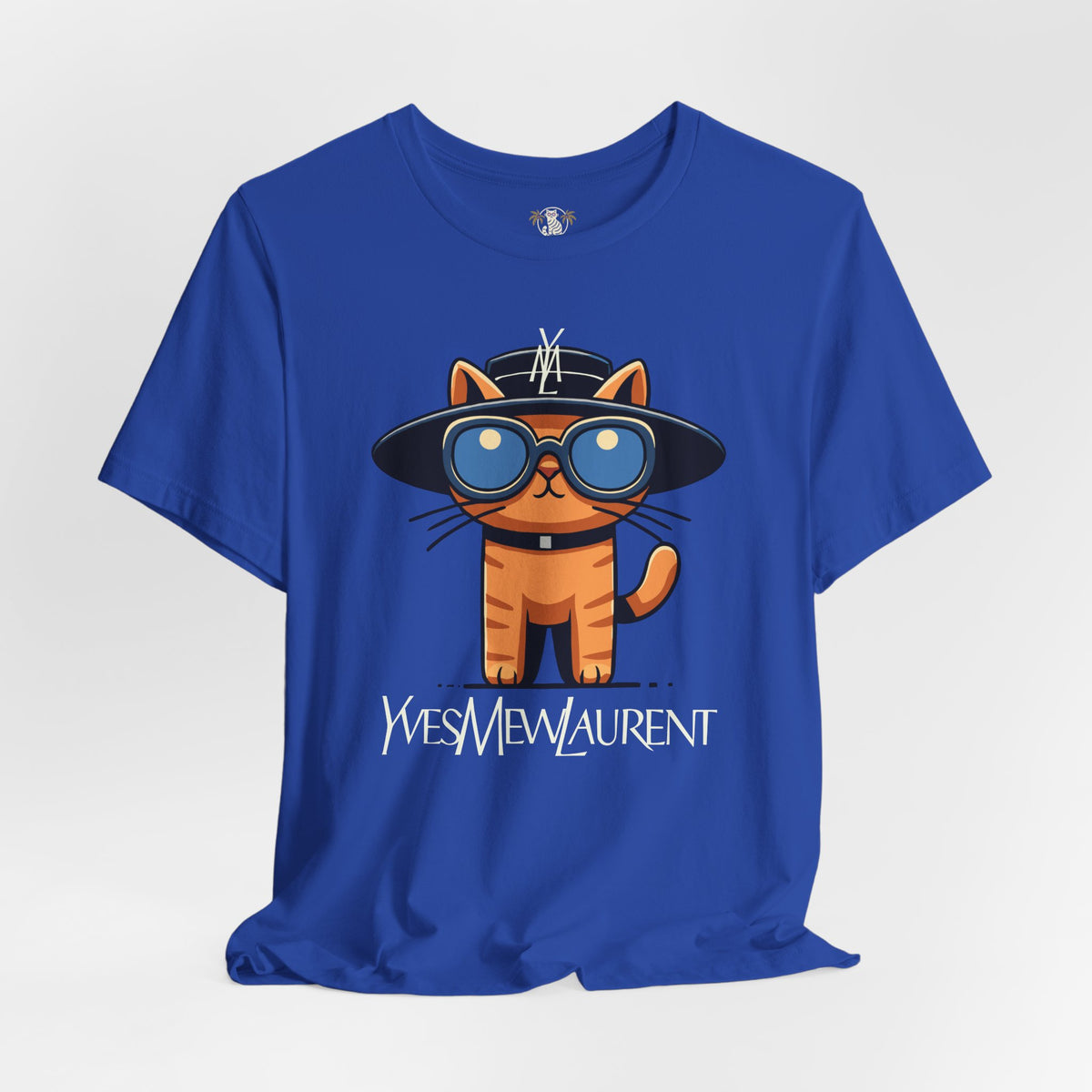 Yves Mew Laurent Le Chat Icon Cat Graphic T-Shirt in true royal, front view