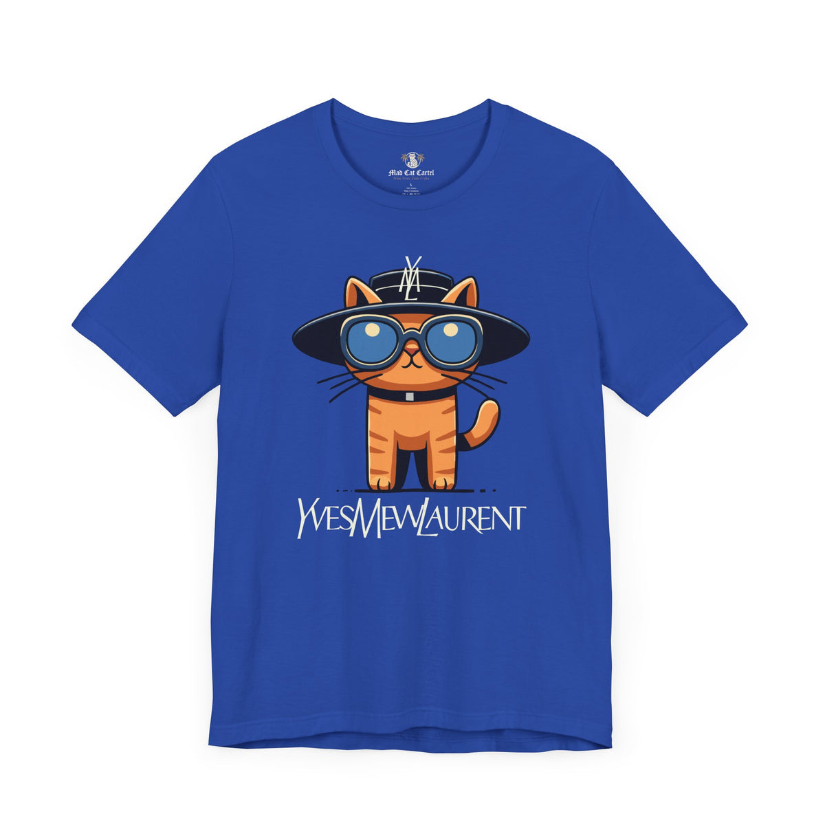Yves Mew Laurent Le Chat Icon Cat Graphic T-Shirt in true royal, front view