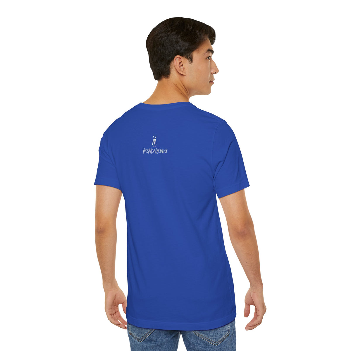 Yves Mew Laurent Le Chat Icon Cat Graphic T-Shirt in true royal, back view on a male model