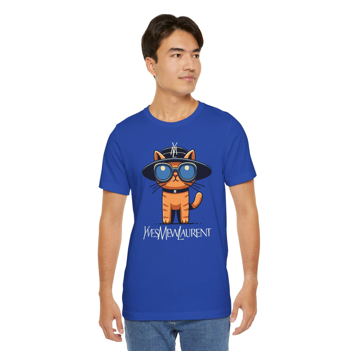 Yves Mew Laurent Le Chat Icon Cat Graphic T-Shirt in true royal, worn by a male model