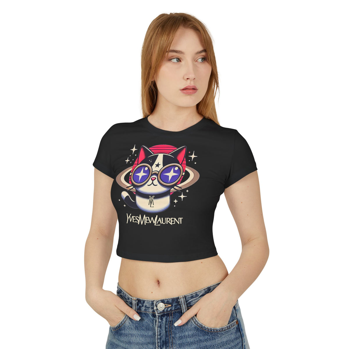 Yves Mew Laurent Space Cat Graphic Women's Black Baby Tee, worn by a female model