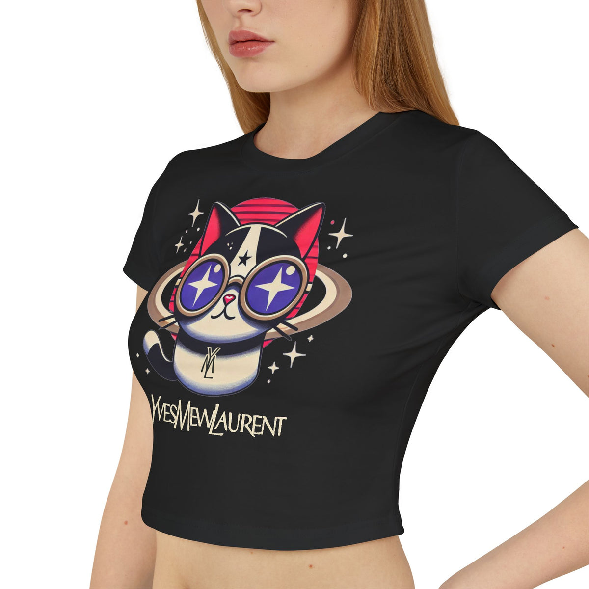 Yves Mew Laurent Space Cat Graphic Women's Black Baby Tee, worn by a female model