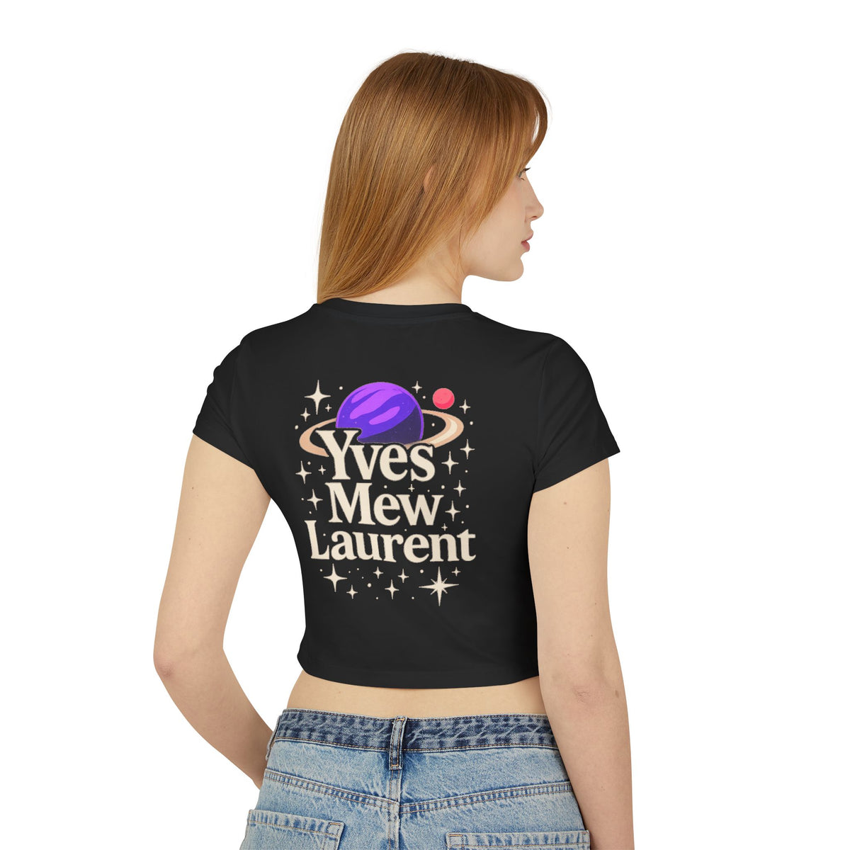 Yves Mew Laurent Space Cat Graphic Women's Black Baby Tee, back view on a female model