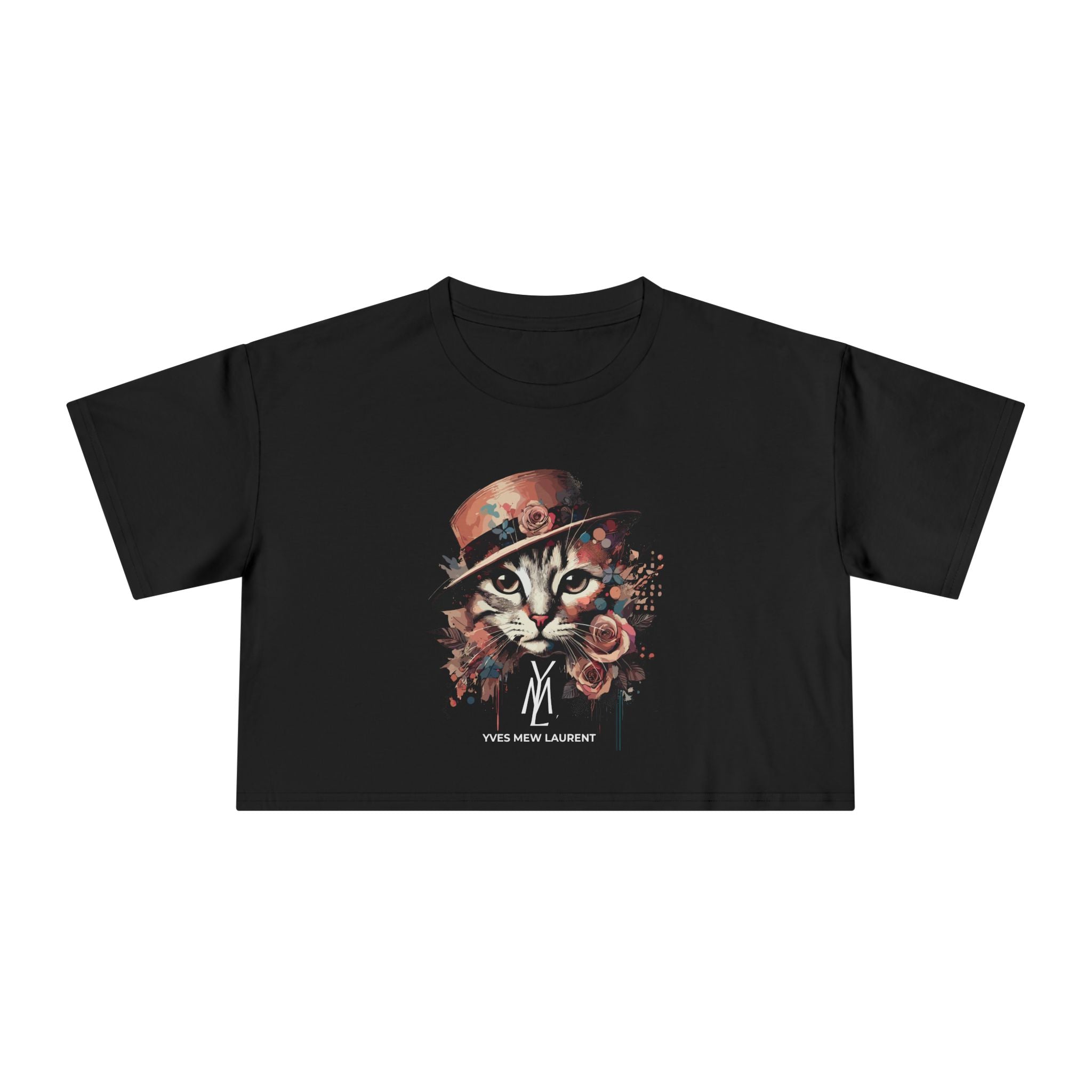 Yves Mew Laurent Watercolor Muse Cat Graphic Crop Top in black, front view