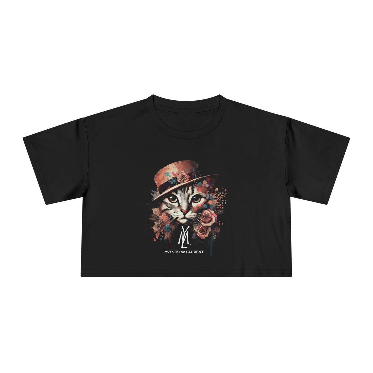 Yves Mew Laurent Watercolor Muse Cat Graphic Crop Top in black, front view