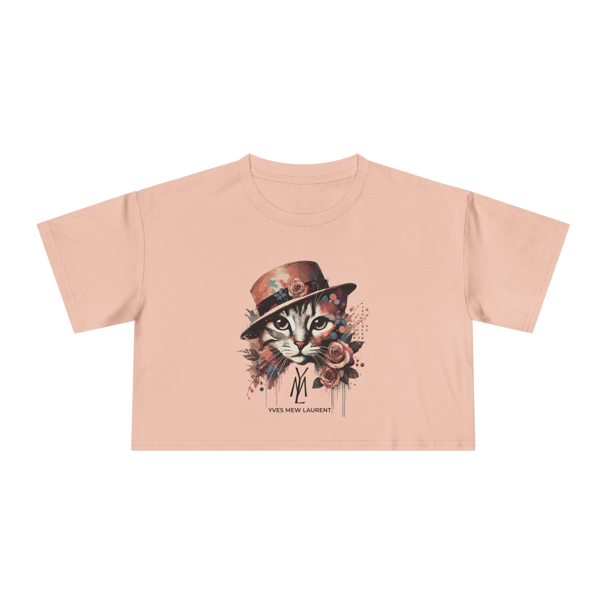 Yves Mew Laurent Watercolor Muse Cat Graphic Crop Top in pale pink, front view