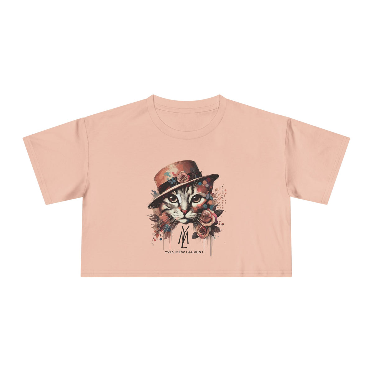 Yves Mew Laurent Watercolor Muse Cat Graphic Crop Top in pale pink, front view