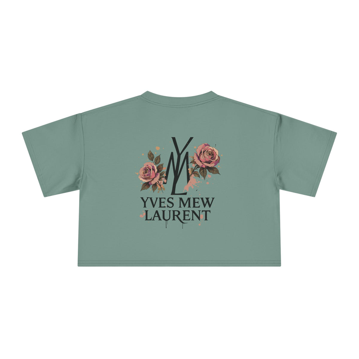 Yves Mew Laurent Watercolor Muse Cat Graphic Crop Top in sage, back view