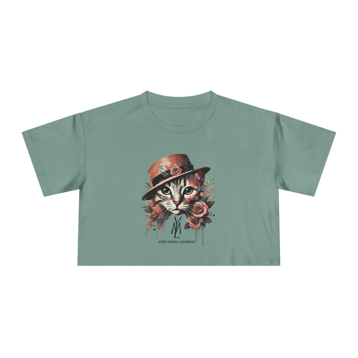 Yves Mew Laurent Watercolor Muse Cat Graphic Crop Top in sage, front view