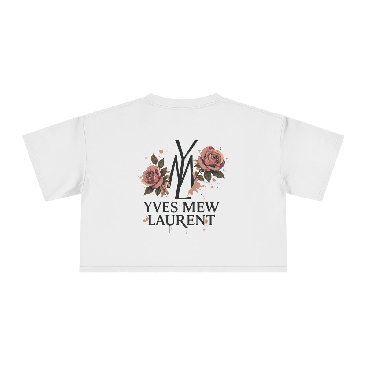 Yves Mew Laurent Watercolor Muse Cat Graphic Crop Top in white, back view