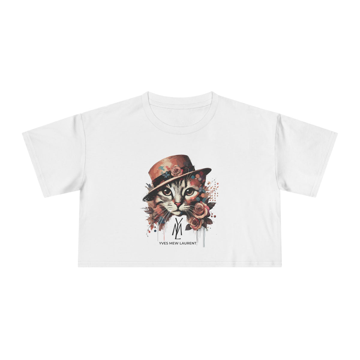 Yves Mew Laurent Watercolor Muse Cat Graphic Crop Top in white, front view