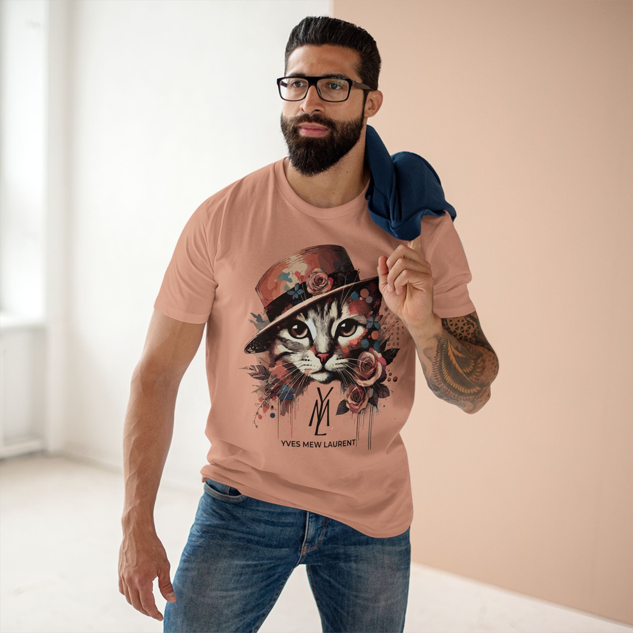 Yves Mew Laurent Watercolor Muse Cat Graphic T-Shirt in pale pink, worn by a male model