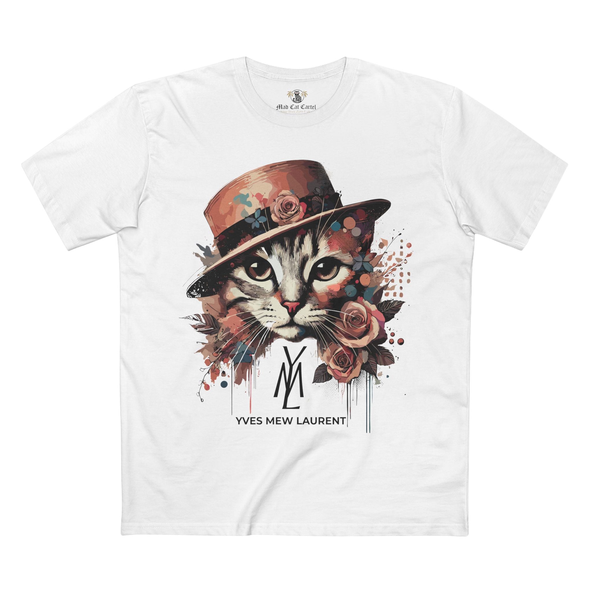 Yves Mew Laurent Watercolor Muse Cat Graphic T-Shirt in white, flat lay